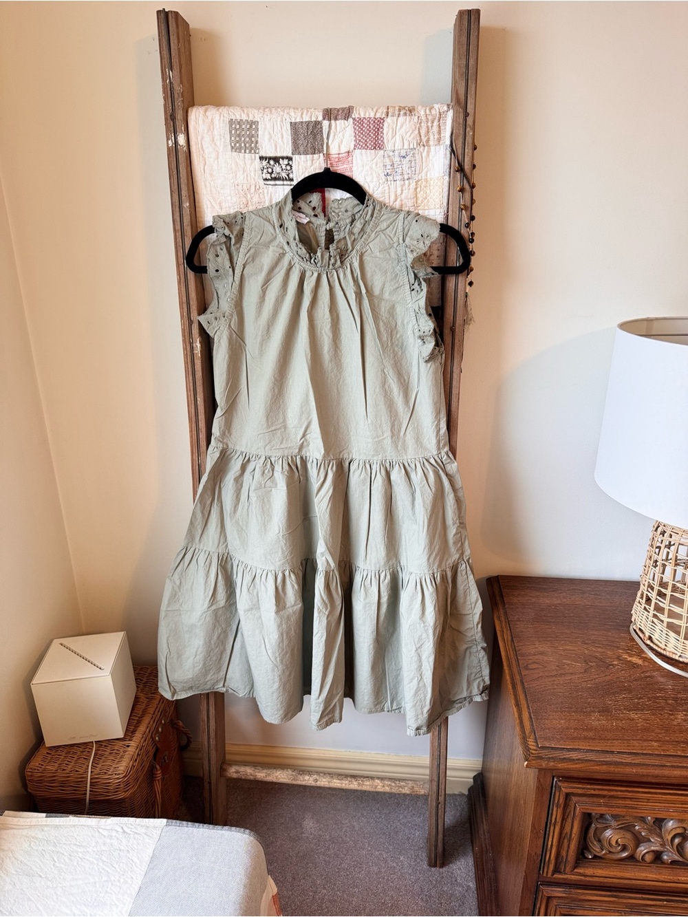 Kids Sage Green Ruffle Sleeve Tiered Dress